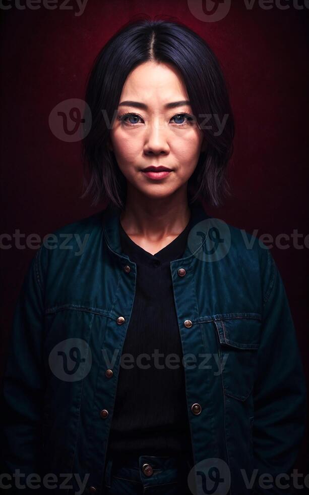 middle aged asian woman with black background and light , photo