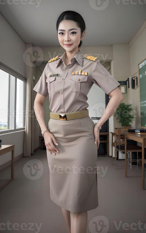 asian woman Thai teacher at school in khaki suit uniform, photo