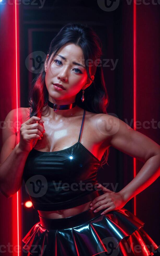 beautiful strong woman in dark room with red and blue light, photo