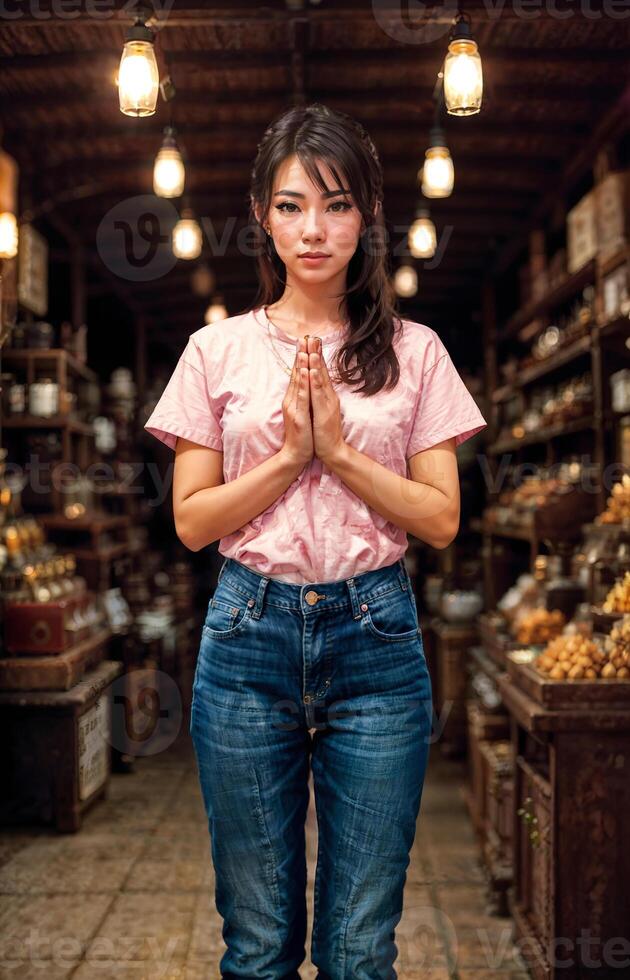 asian woman do sawasdee or prayer pose at the market, photo