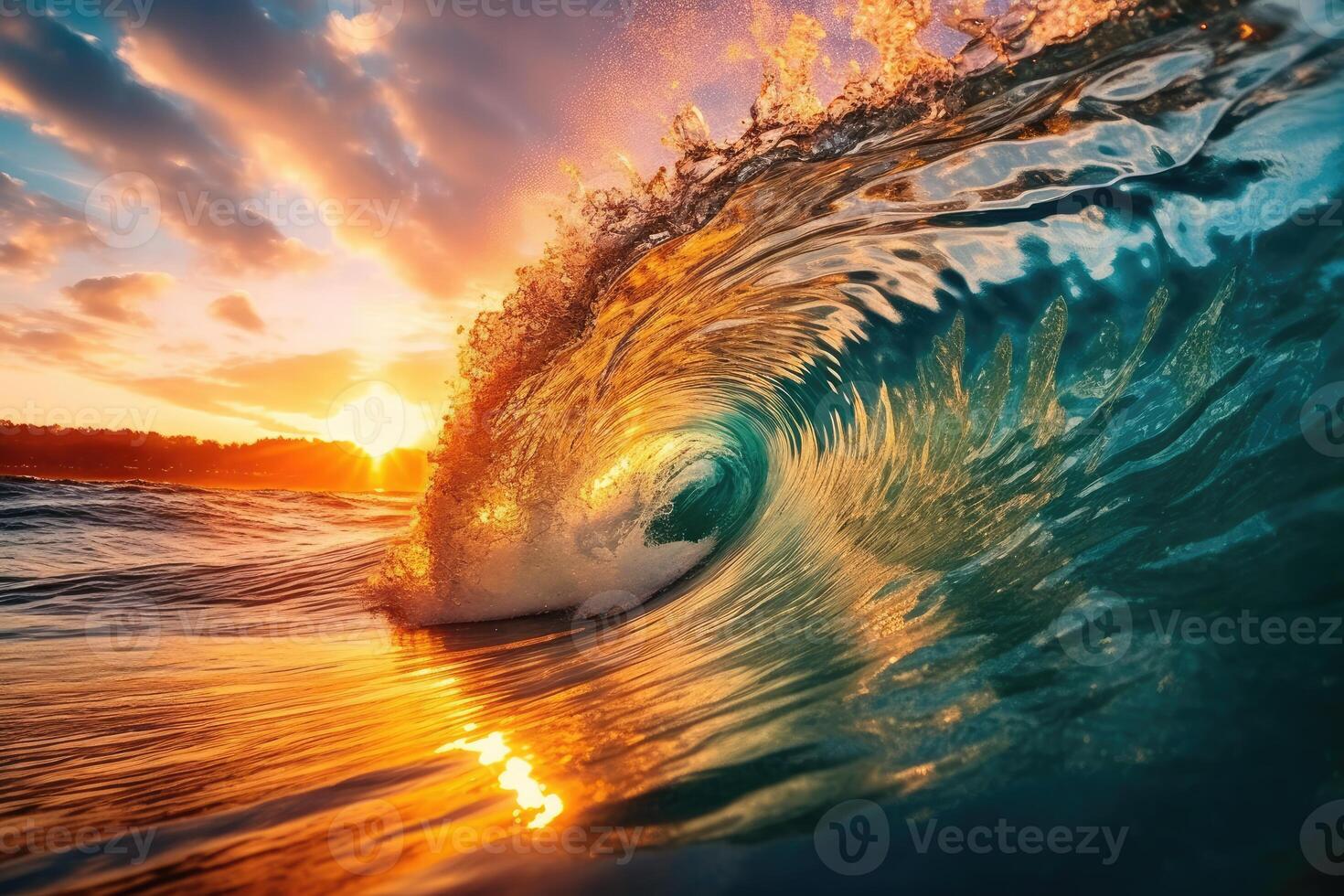 The large ocean wave hitting the shore at sunset. photo