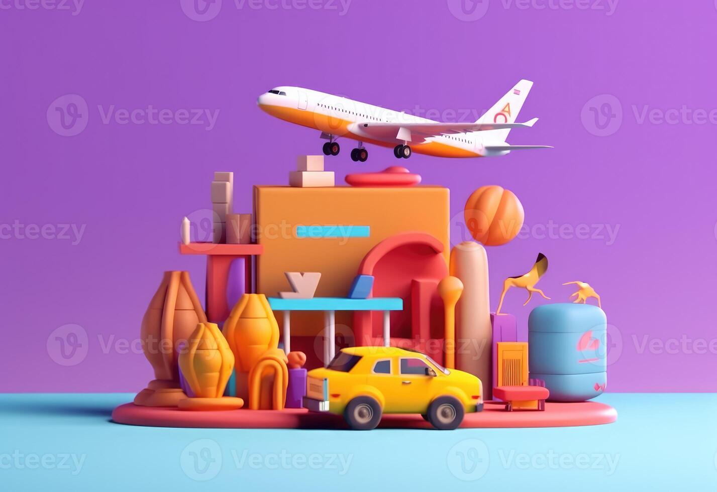 3d representación de equipaje y un avión, plano antecedentes. generativo ai foto