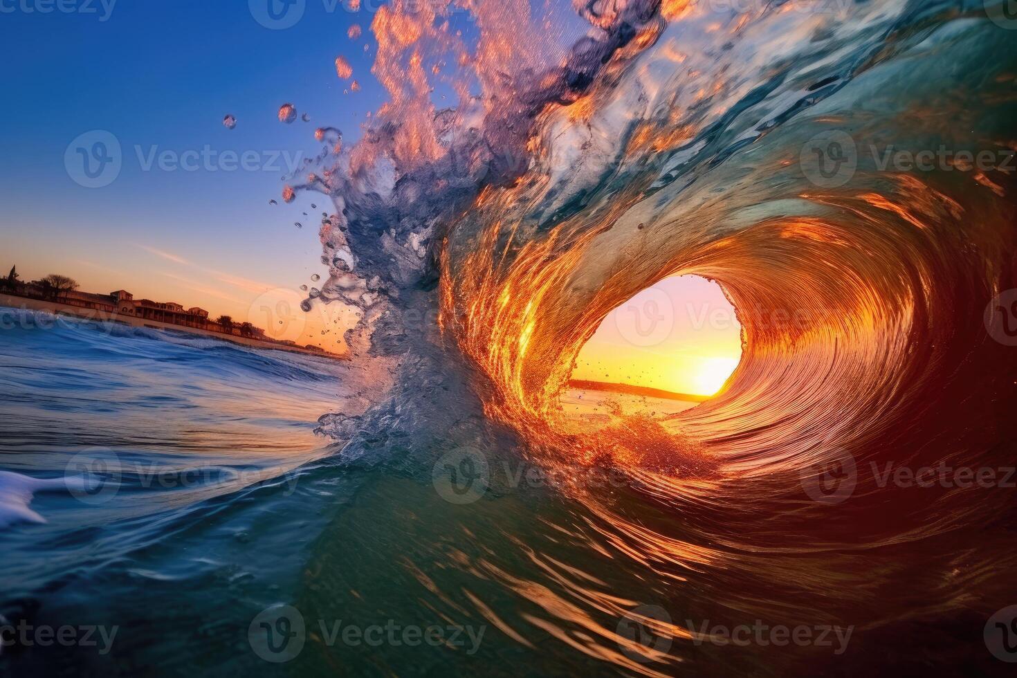 The large ocean wave hitting the shore at sunset. photo
