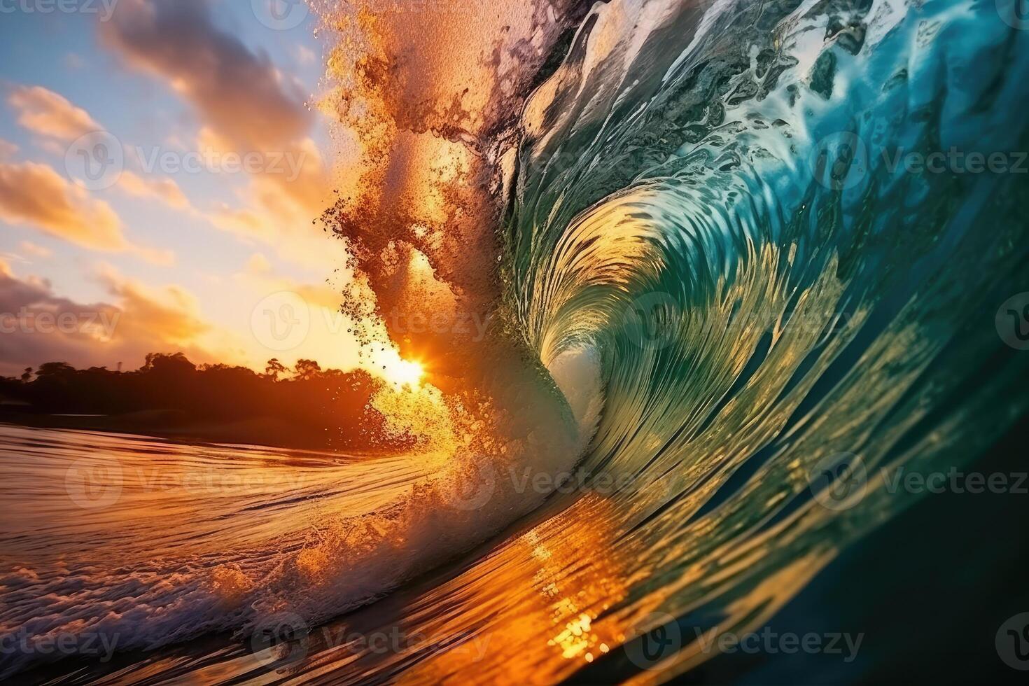 The large ocean wave hitting the shore at sunset. photo