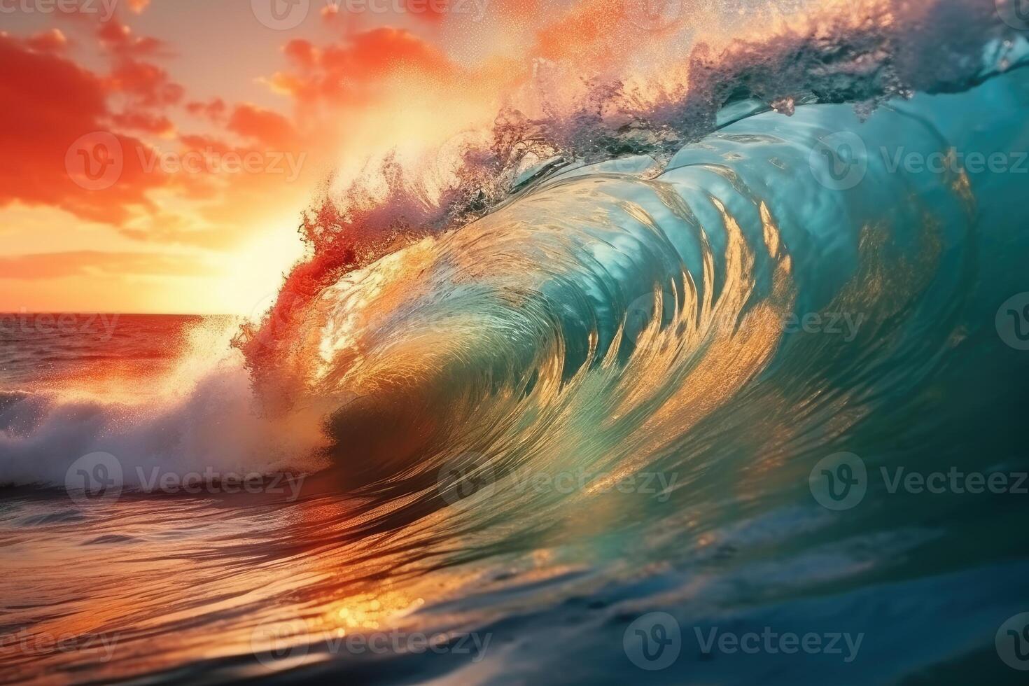 The large ocean wave hitting the shore at sunset. photo