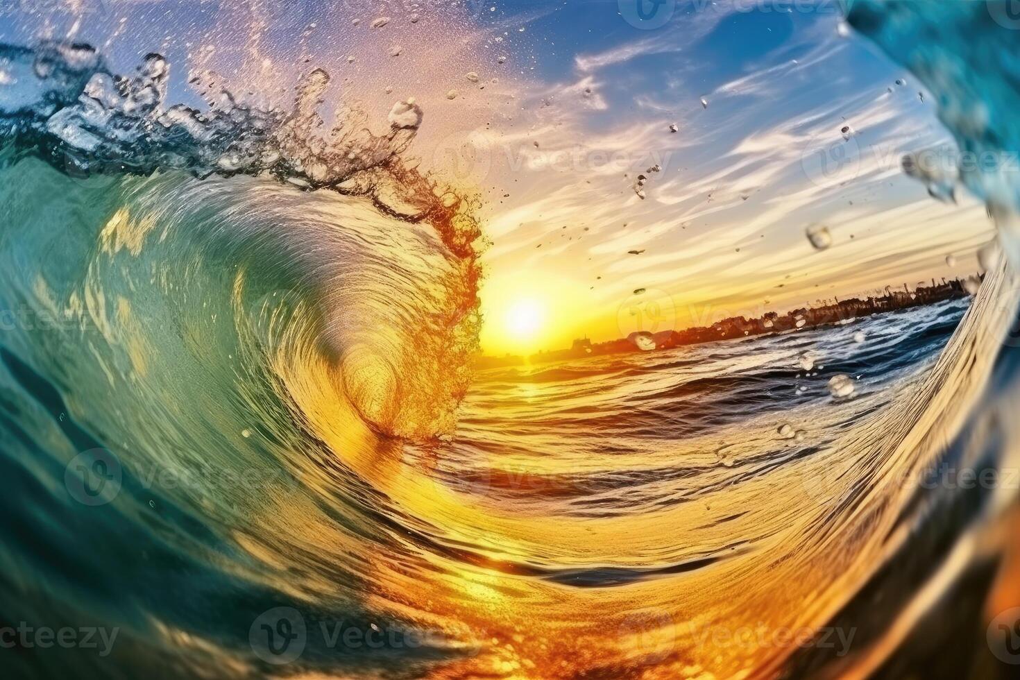 The large ocean wave hitting the shore at sunset. photo