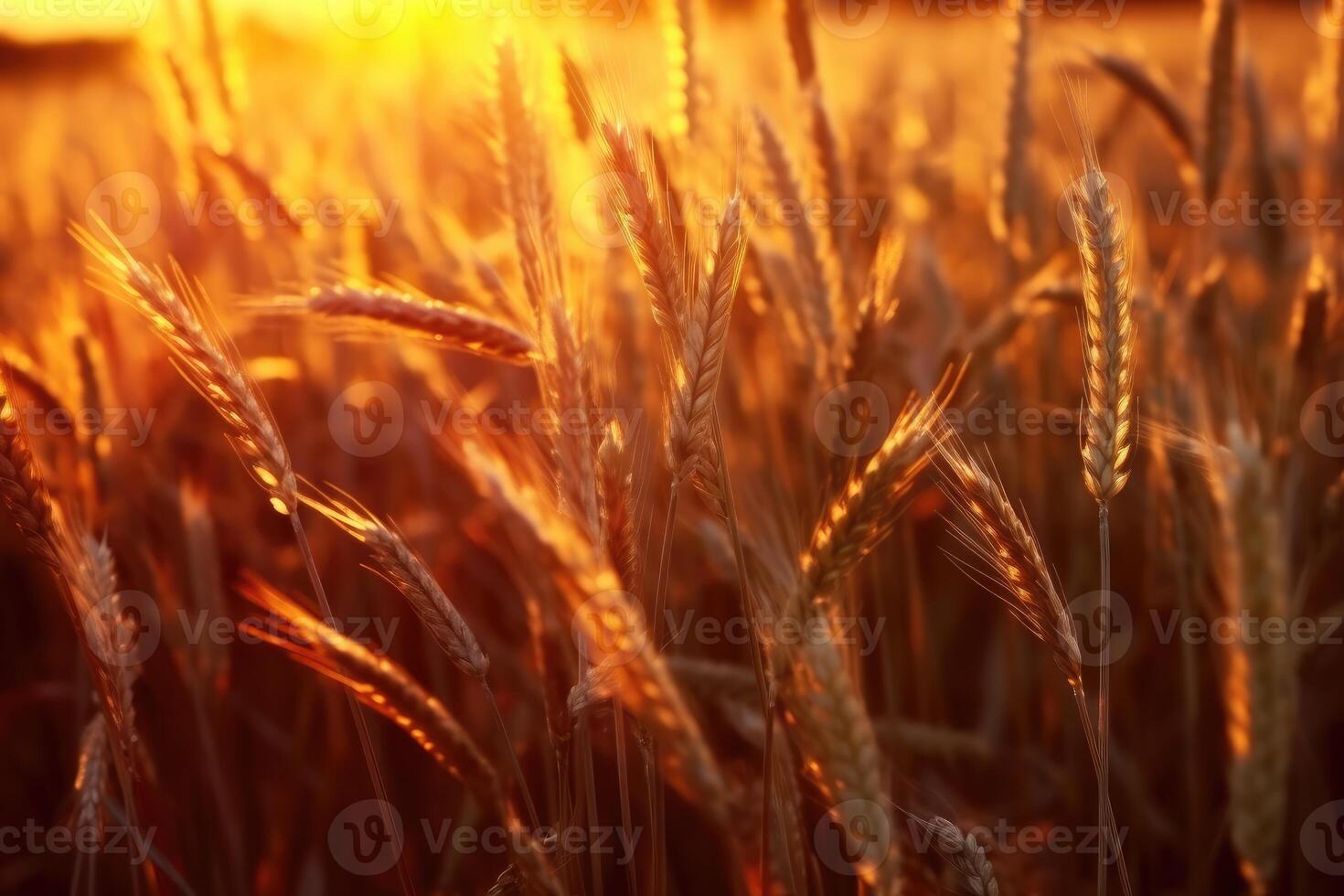 puesta de sol trigo campo antecedentes foto, borroso y suave enfocar. generativo ai foto