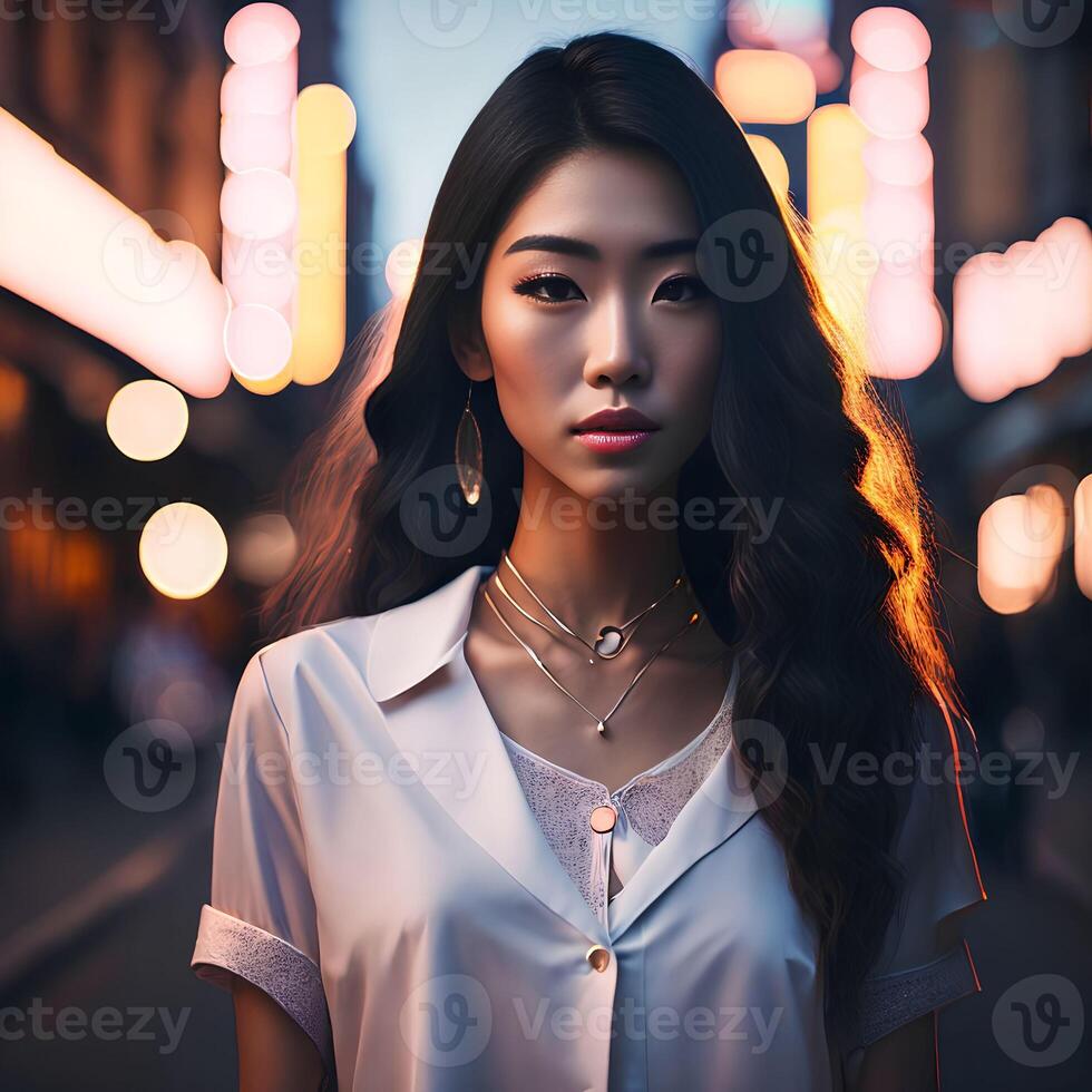 hermosa asiático mujer a el calle, generativo Arte por ai foto
