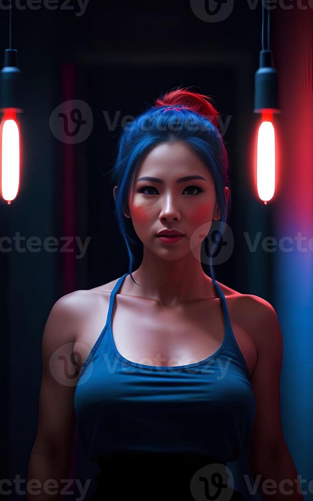 beautiful asian woman in top dress with mixed color blue and red light, photo