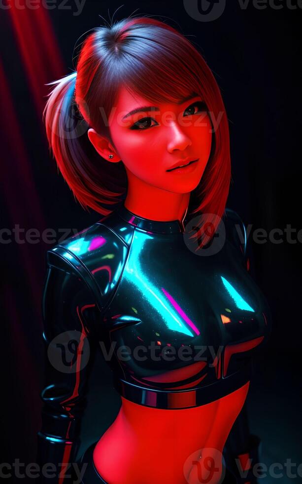 beautiful asian woman in lightweight armor with mixed color blue and red light, photo
