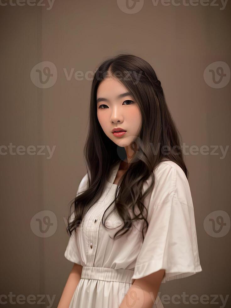 hermosa Adolescente asiático mujer destino para imagen a el centro comercial, generativo Arte por ai foto