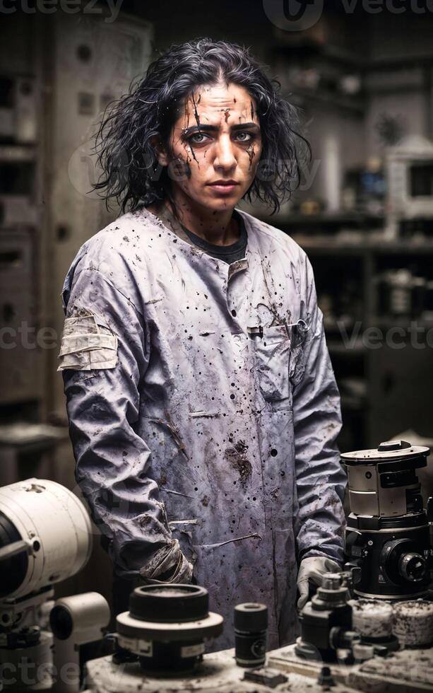crazy researcher scientist in dirty white lab coat at dirty messy laboratory room, photo