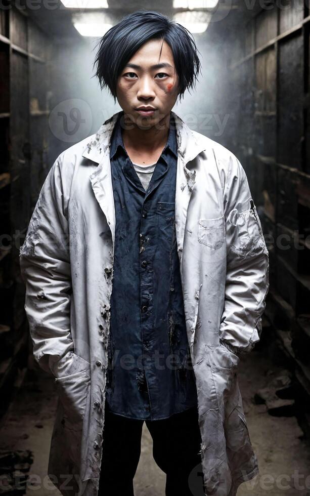 scientist researcher wearing ripped lab coat at laboratory, photo