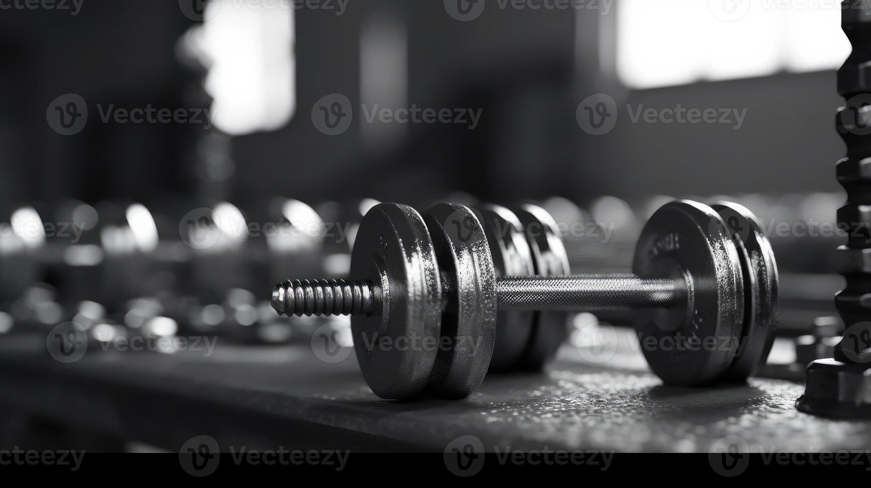 Weights next to barbell in a gym. photo