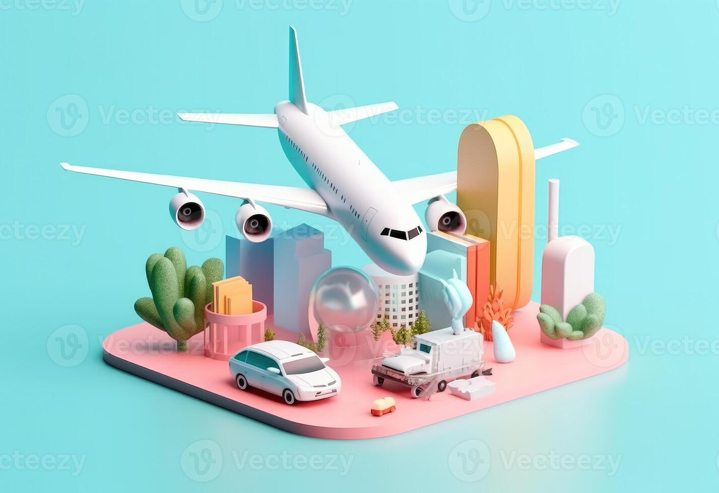 3d rendering of luggage and an airplane, flat background. photo