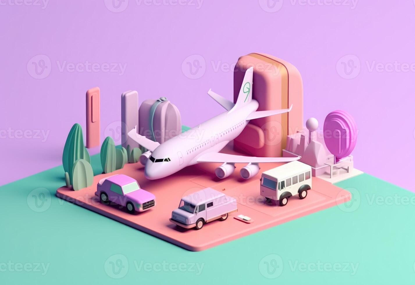 3d rendering of luggage and an airplane, flat background. photo