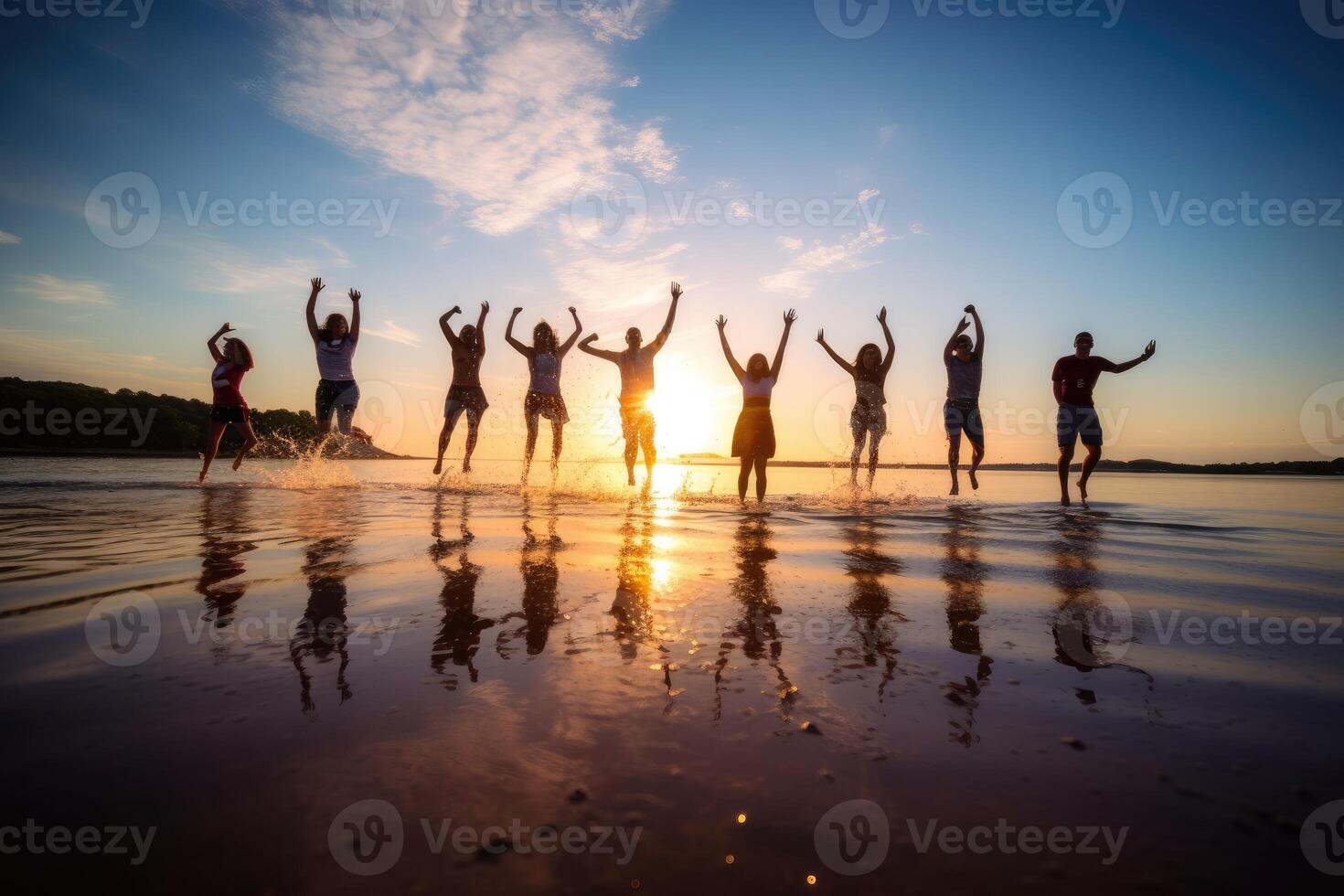 Young group of people jumping into the air at beach. photo