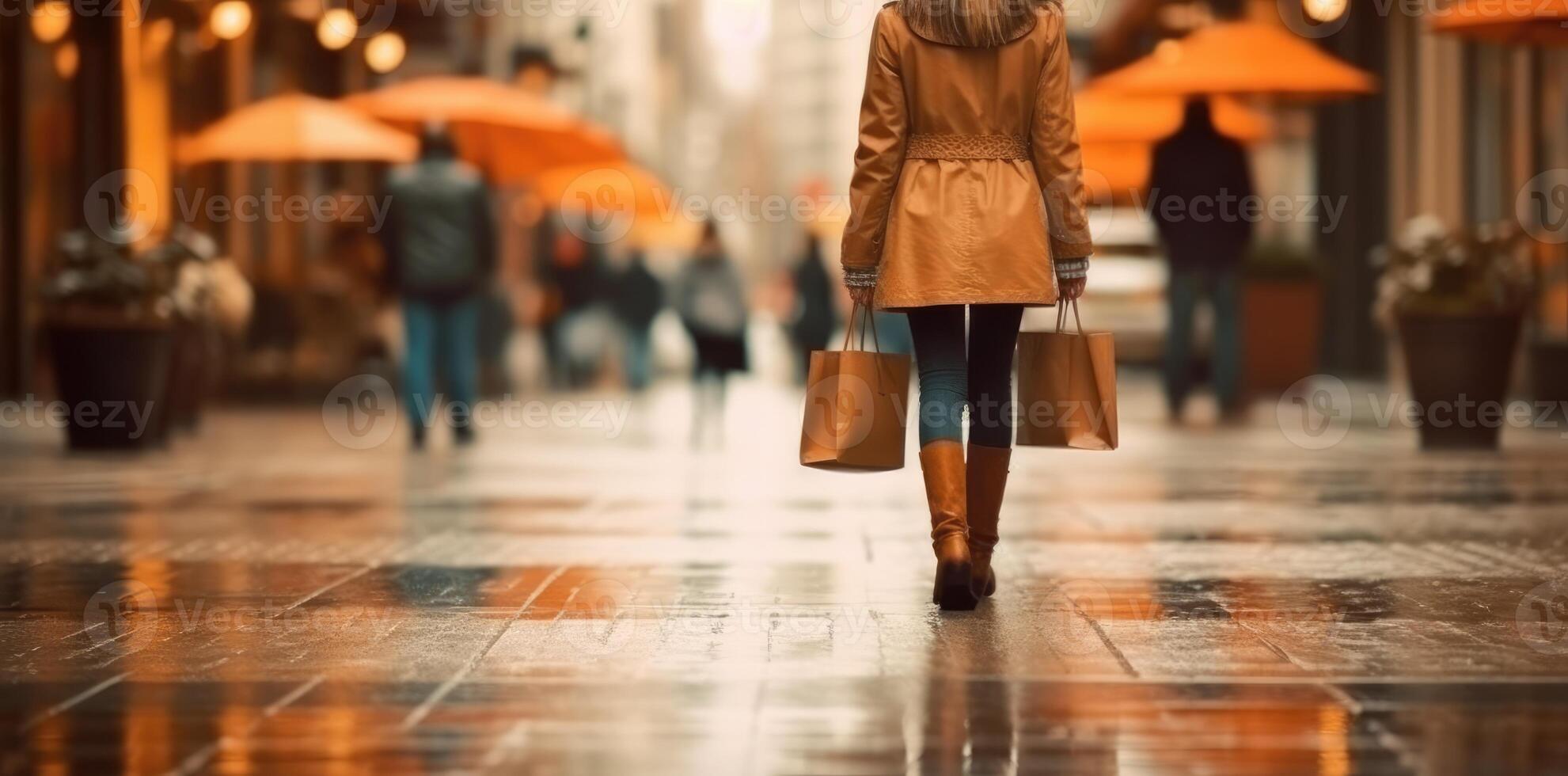 mujer con compras pantalones caminando en calle. generativo ai foto