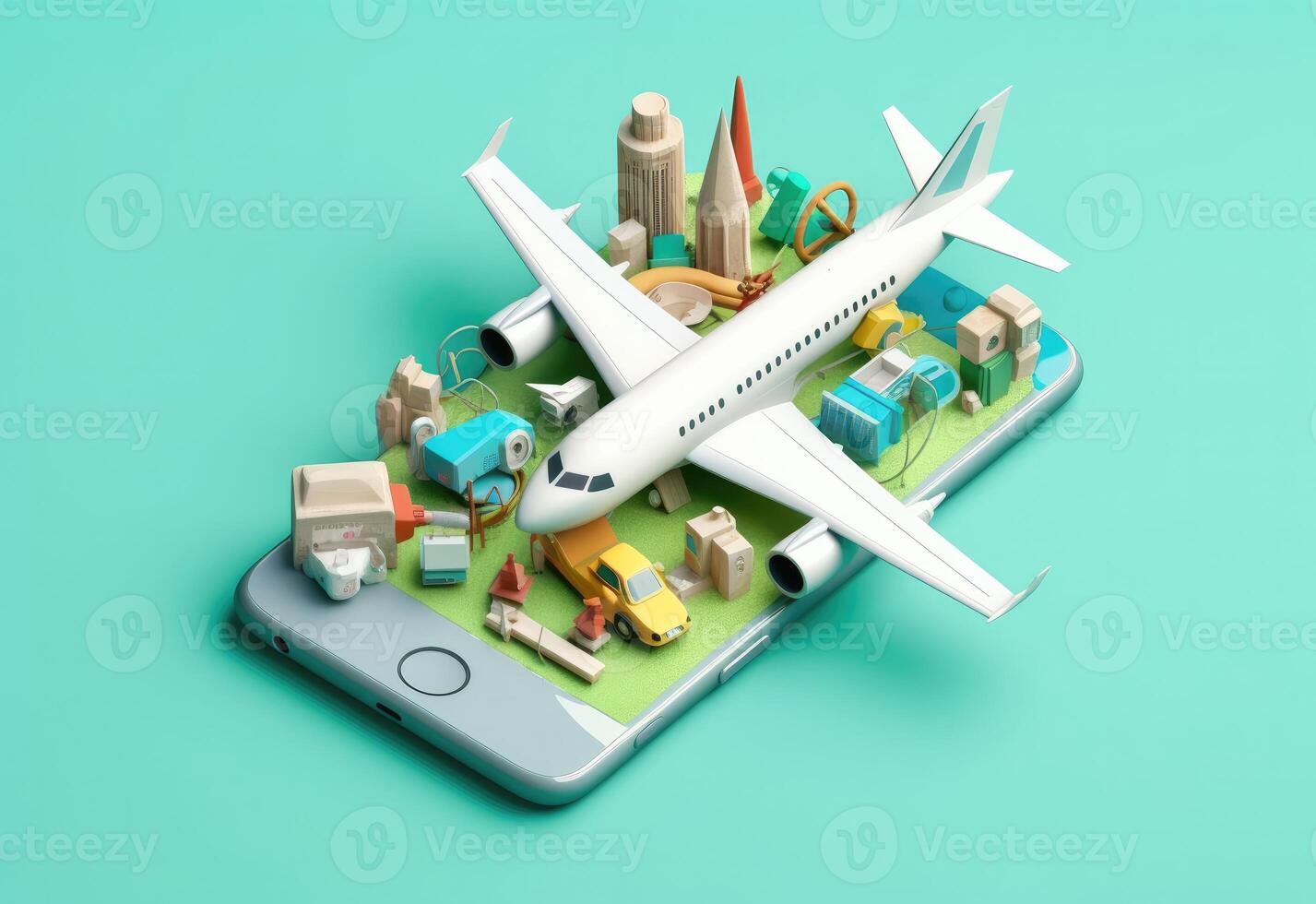 3d rendering of luggage and an airplane, flat background. photo