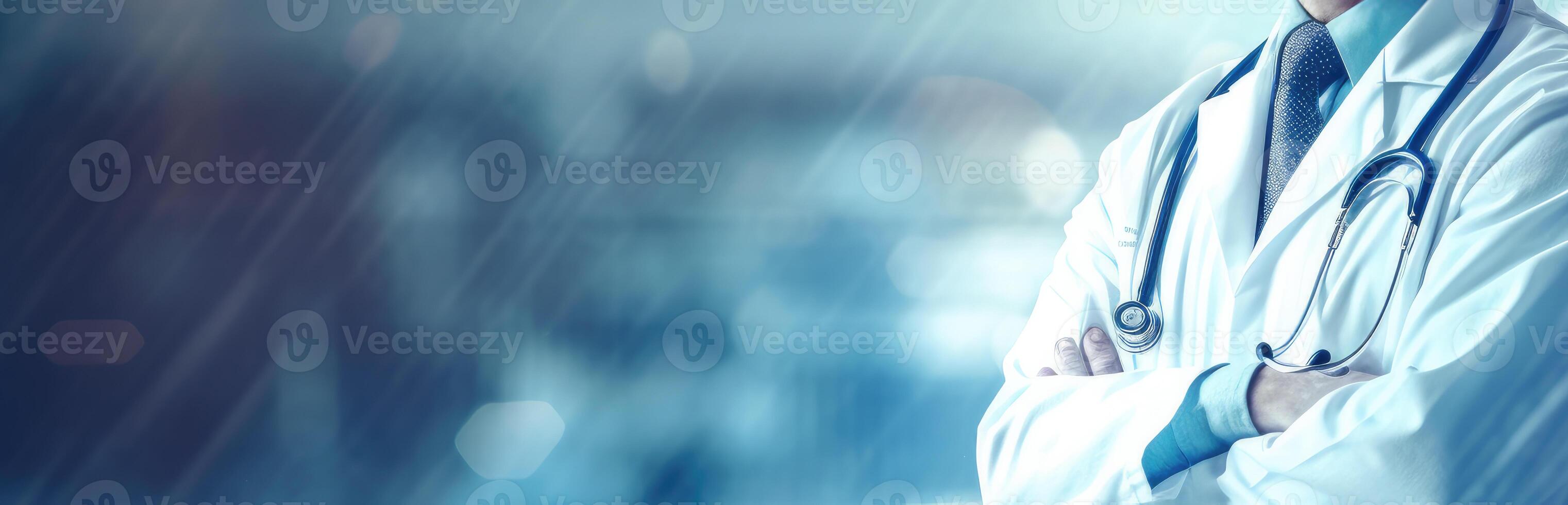Male doctor with arms folded on the of a blurry background. photo