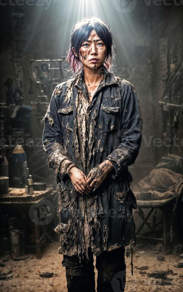 Poor homeless people in dirty cloth at dark and dirty messy place, photo