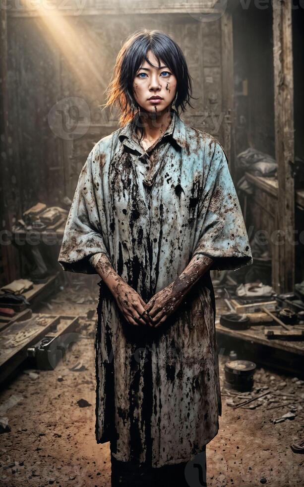 Poor homeless people in dirty cloth at dark and dirty messy place, photo