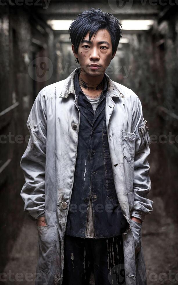 scientist researcher wearing ripped lab coat at laboratory, photo