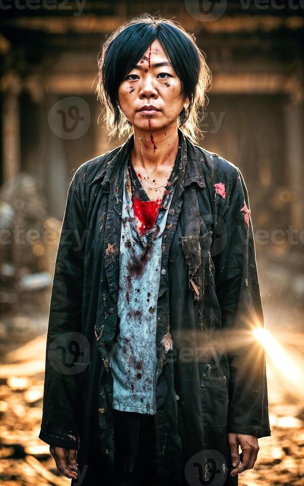 Poor homeless people in dirty cloth at dark and dirty messy place, photo