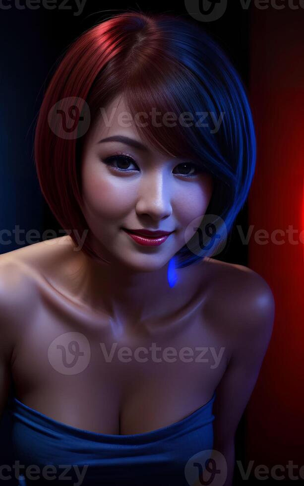 beautiful asian woman with mixed color blue and red light, photo