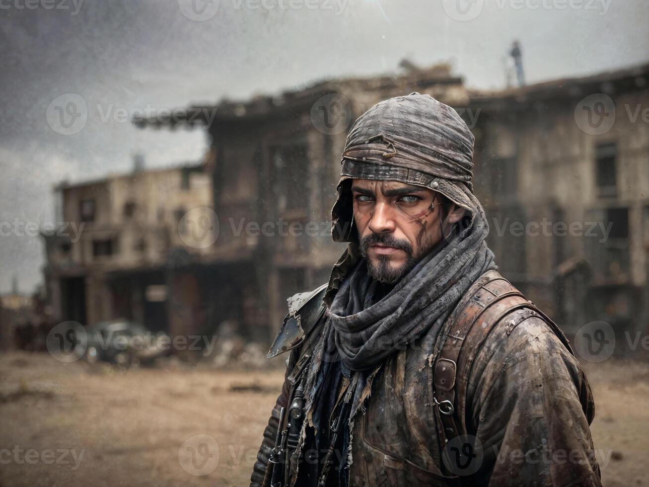 retrato de post apocalíptico yermo guerreros en armadura traje, generativo ai foto