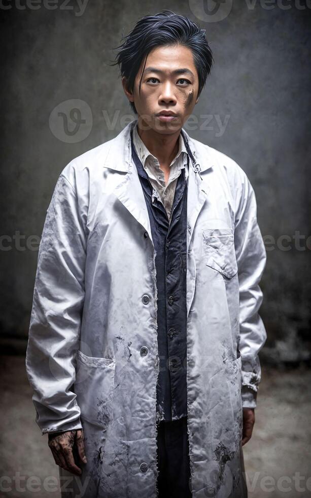 scientist researcher wearing ripped lab coat at laboratory, photo
