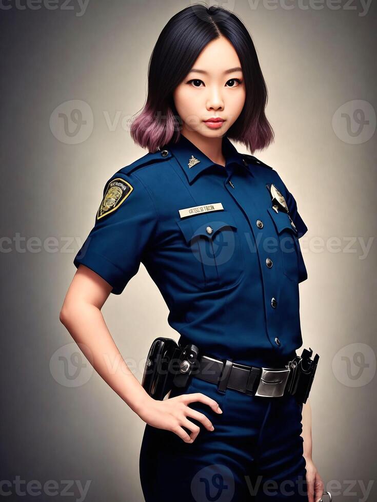 portrait of beautiful asian woman wearing police outfit, photo