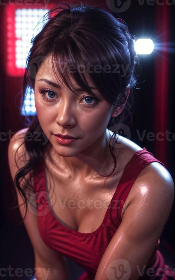 beautiful strong woman in dark room with red and blue light, photo