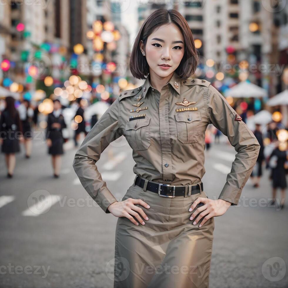 beautiful asian Thailand police woman at street, photo