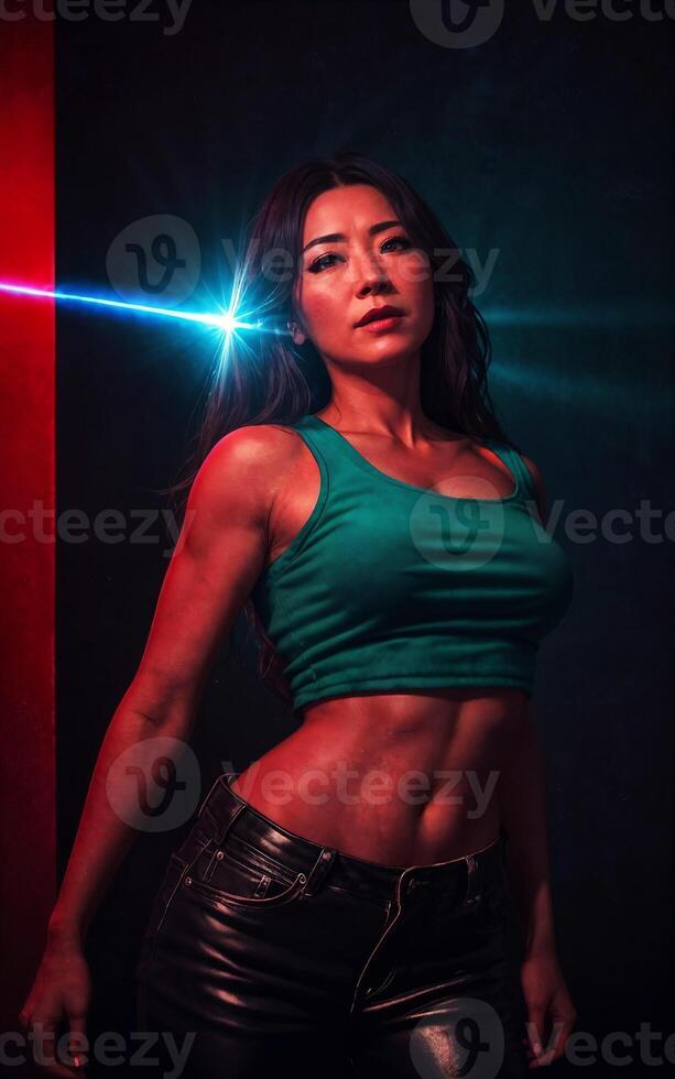 middle aged asian woman with black background and light , photo