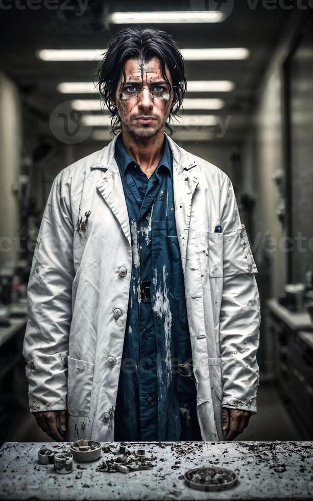 crazy researcher scientist in dirty white lab coat at dirty messy laboratory room, photo