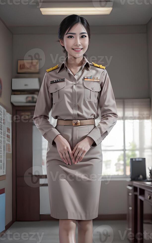 asian woman Thai teacher at school in khaki suit uniform, photo