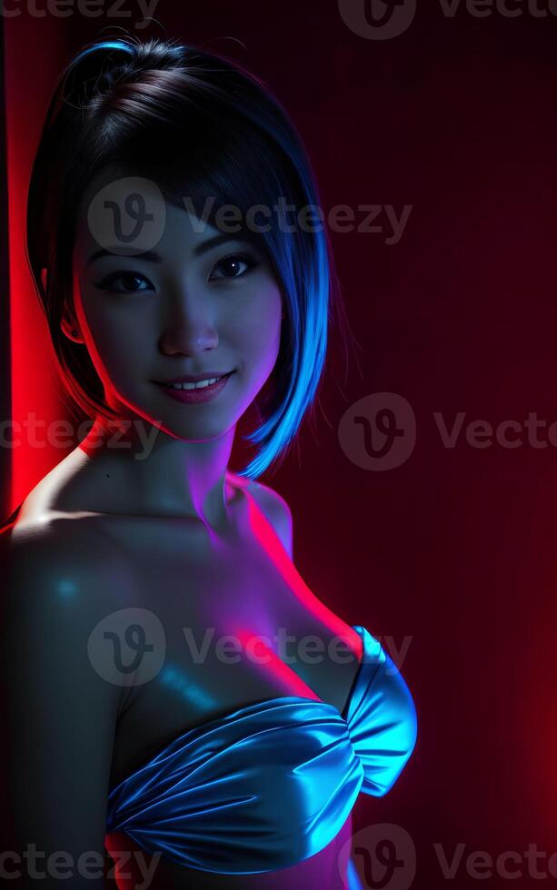 beautiful asian woman with mixed color blue and red light, photo