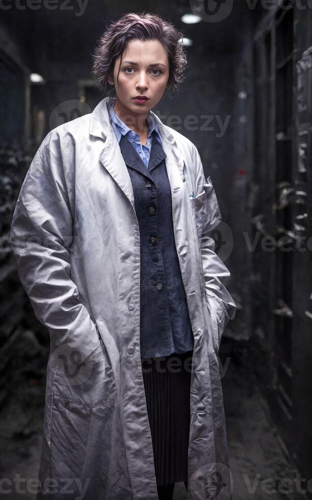 scientist researcher wearing ripped lab coat at laboratory, photo