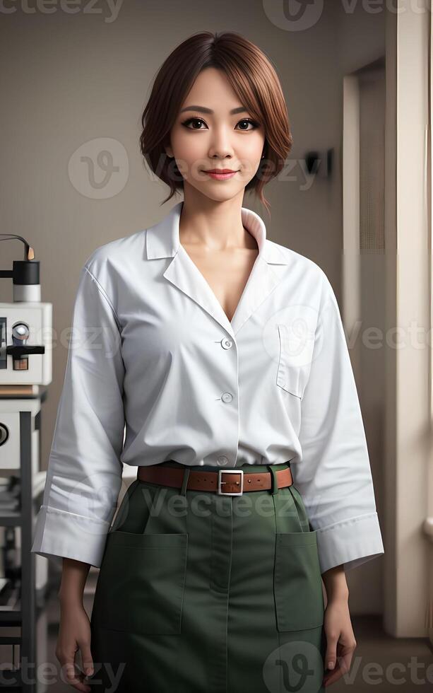 asian woman researcher scientist wearing lab coat, photo