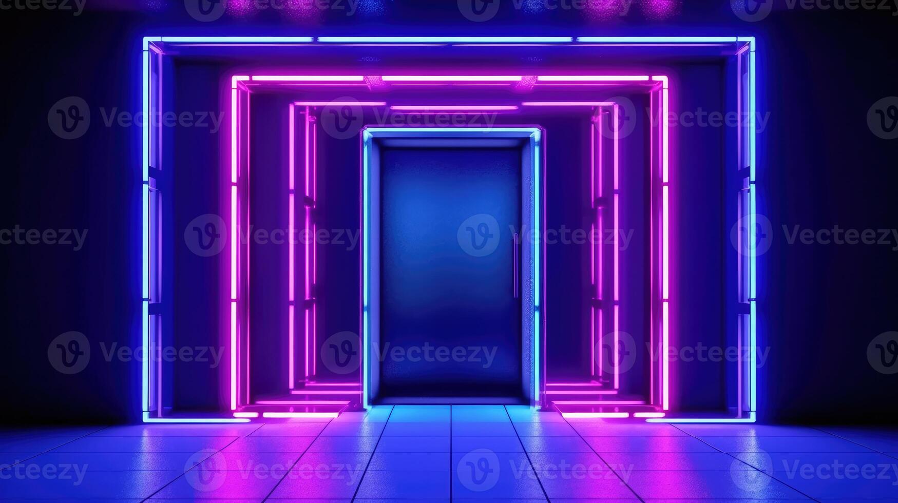 The front door of a room with fluorescent beams of light. Futuristic geometric abstraction, neon lights background. photo