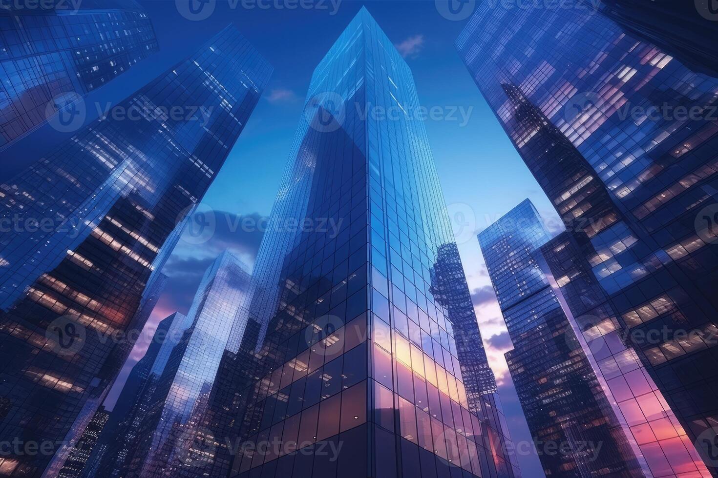 Office buildings in financial district with night lights and sky reflected on modern glass walls of skyscrapers. photo