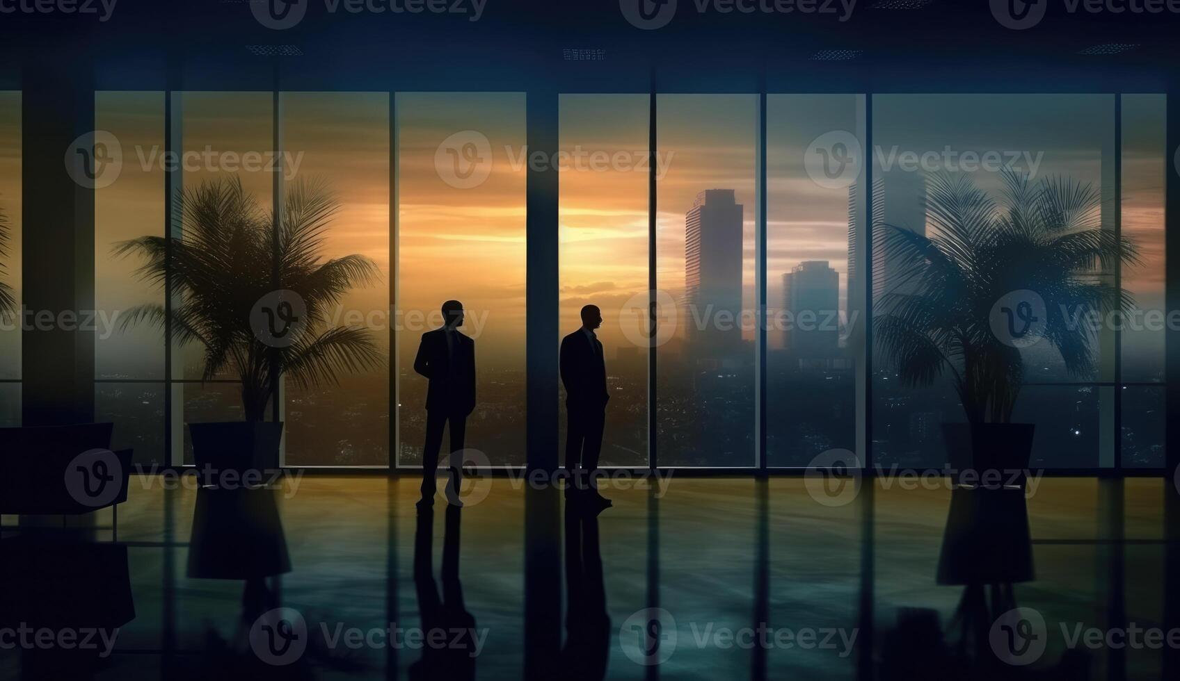A blurred image of business people in an office, silhouette figures. photo