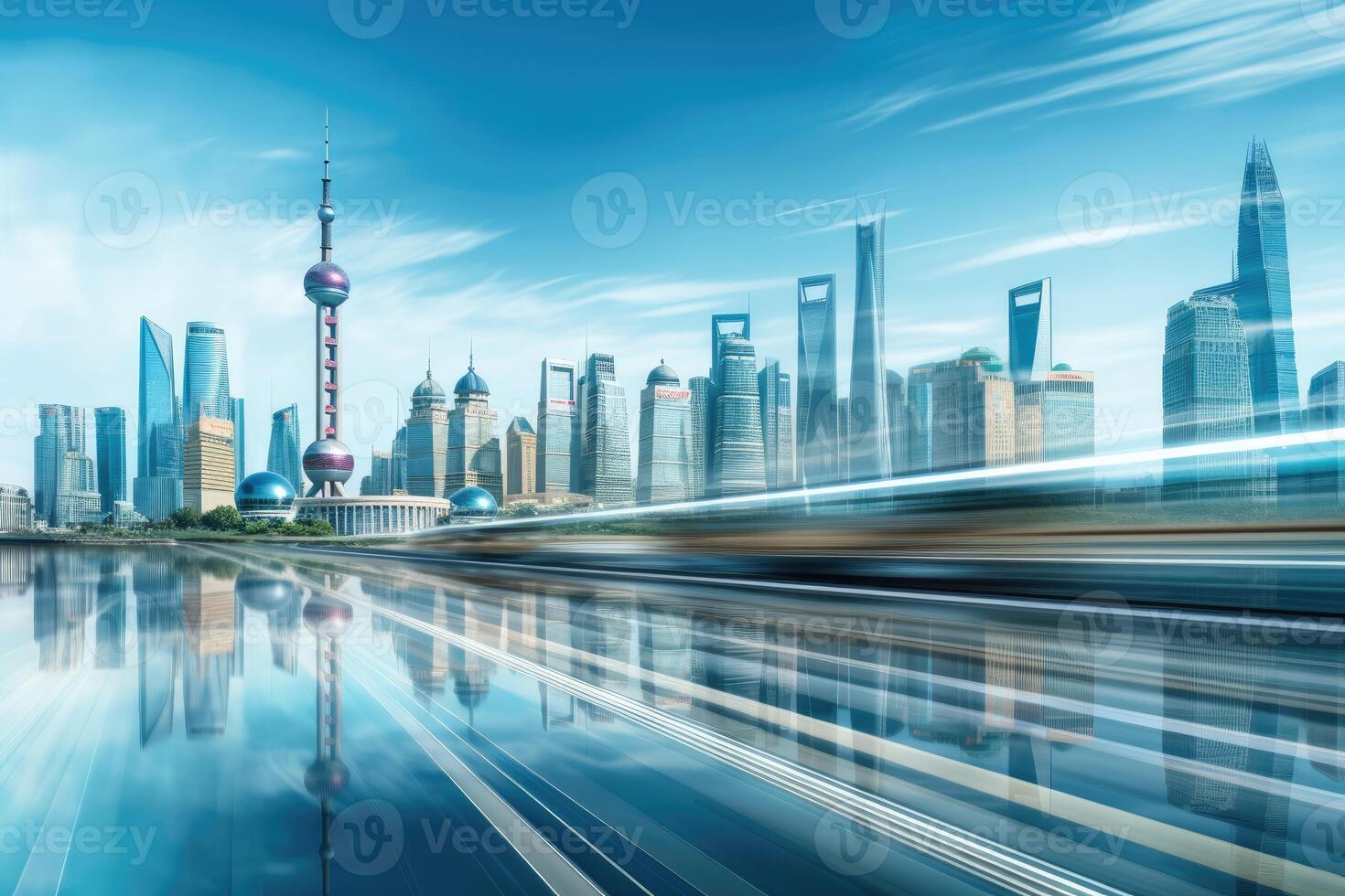 Shanghai cityscape with empty road and skyline in the distance. photo