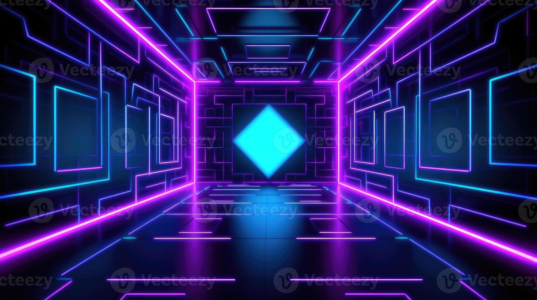 The front door of a room with fluorescent beams of light. Futuristic geometric abstraction, neon lights background. photo