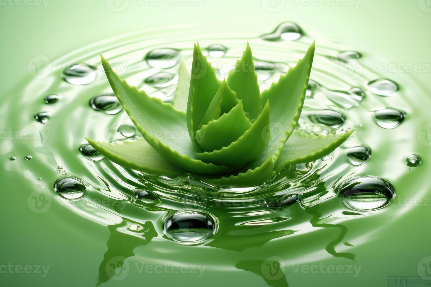 Glass jar of aloe vera juice and fresh aloe vera leaves. photo