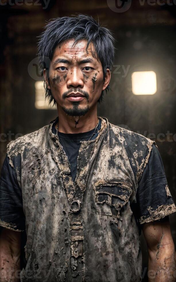 Poor homeless people in dirty cloth at dark and dirty messy place, photo