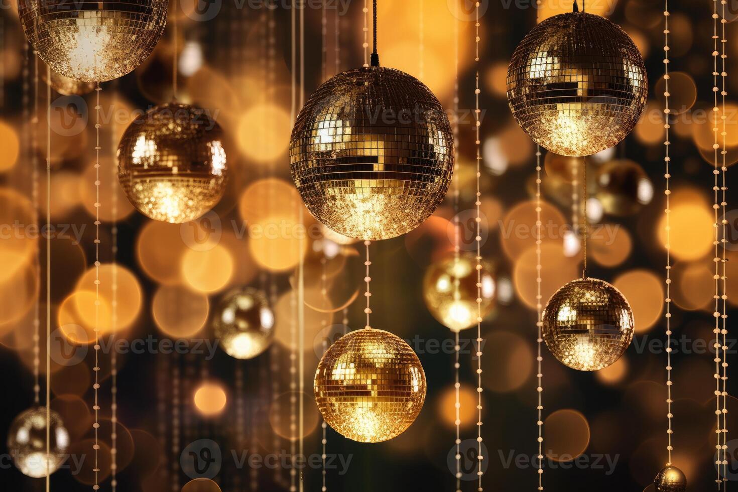 Disco balls image in gold on golden background. photo