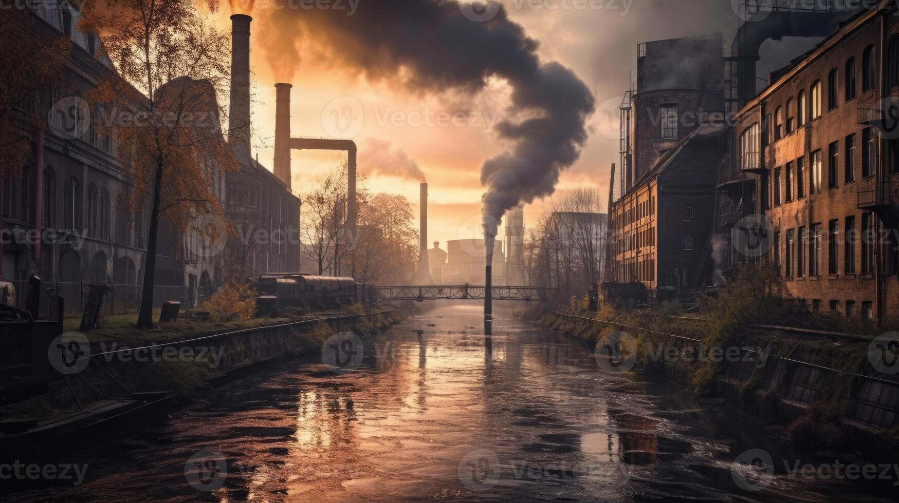 An industrial site at sunset with water and smoke. Photo that draws attention to air pollution.