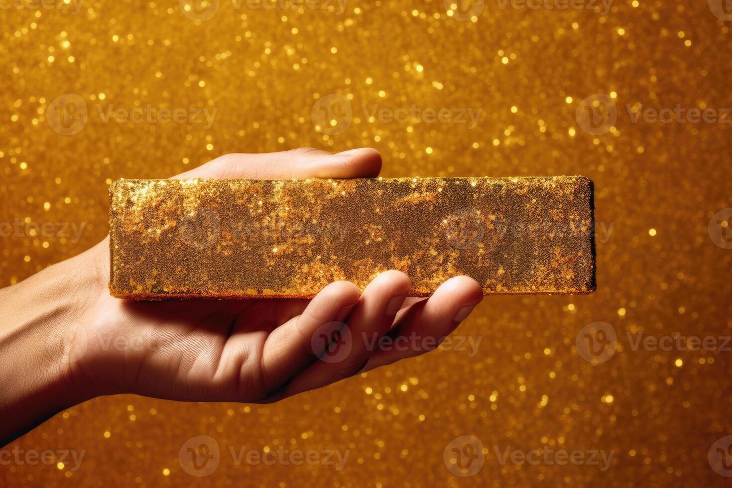 A human holding gold bars. Glitter background. photo